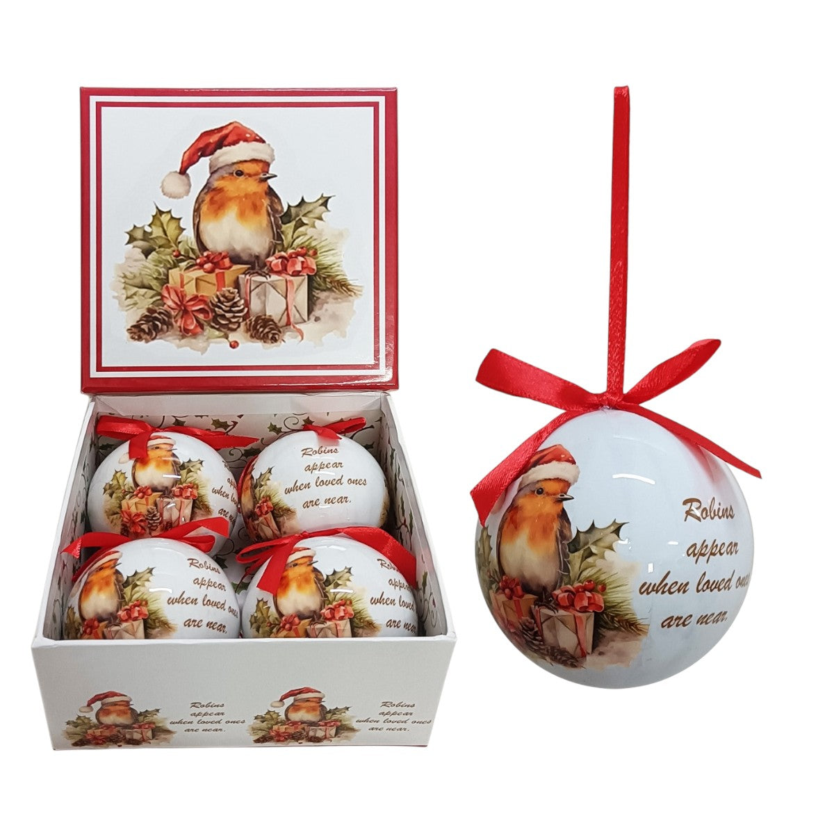 Set of 4pcs 75mm Baubles w/Single robin msg scene in a square gift box