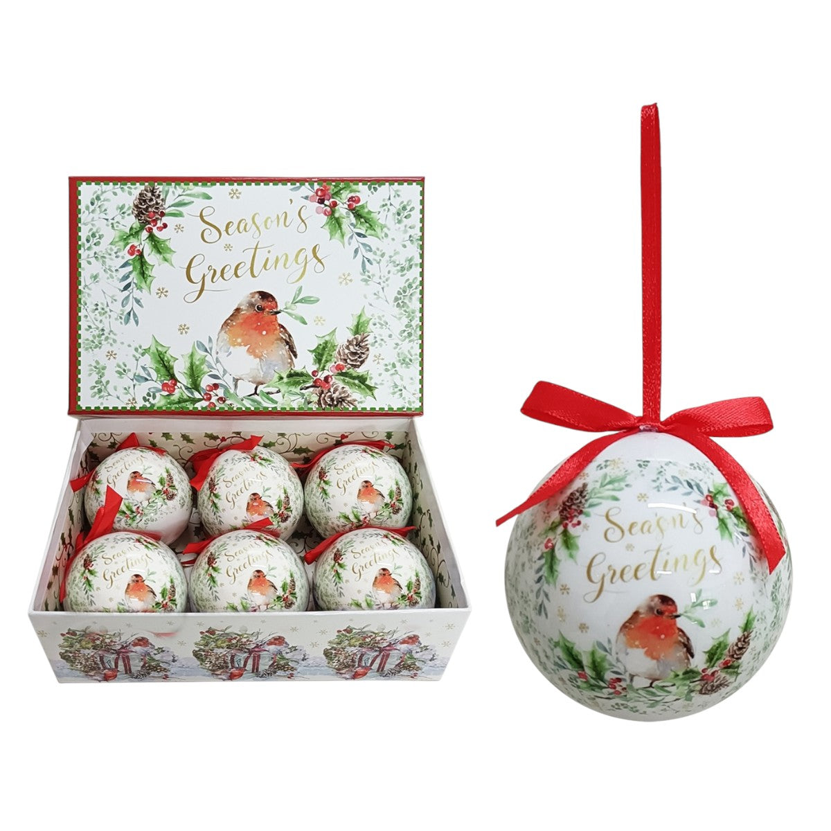 Set of 6pcs 75mm Baubles w/christmas robin scene in a rectangular gift box