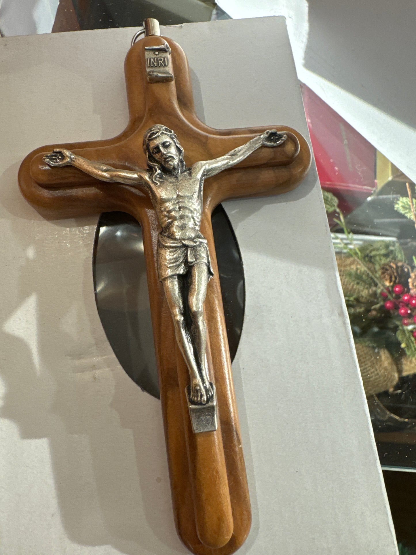 olive wood crucifix metal figure