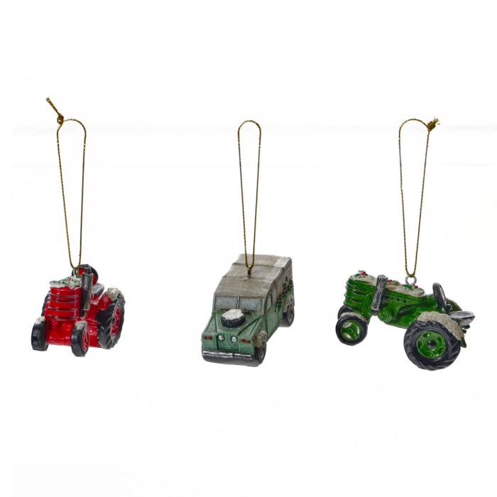 XMAS FARM VEHICLE HANGER 3 ASSTD POLYRESIN WITH SNOW
