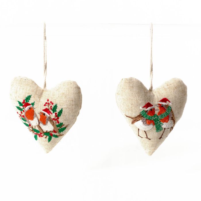 CHRISTMAS ROBIN EMBROIDERED HANGING COTTON AND LINEN HEART 2 ASSTD