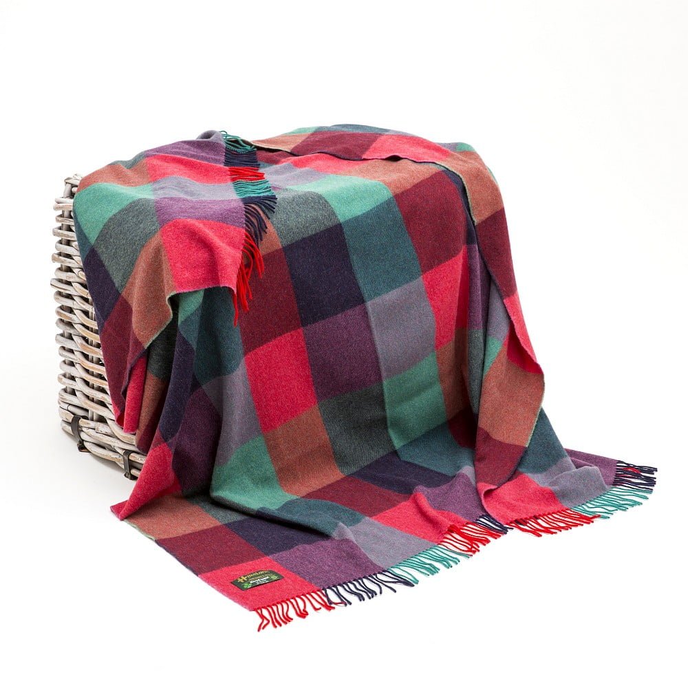 Lambswool Throw Bright Pink, Purple And Teal Block Check