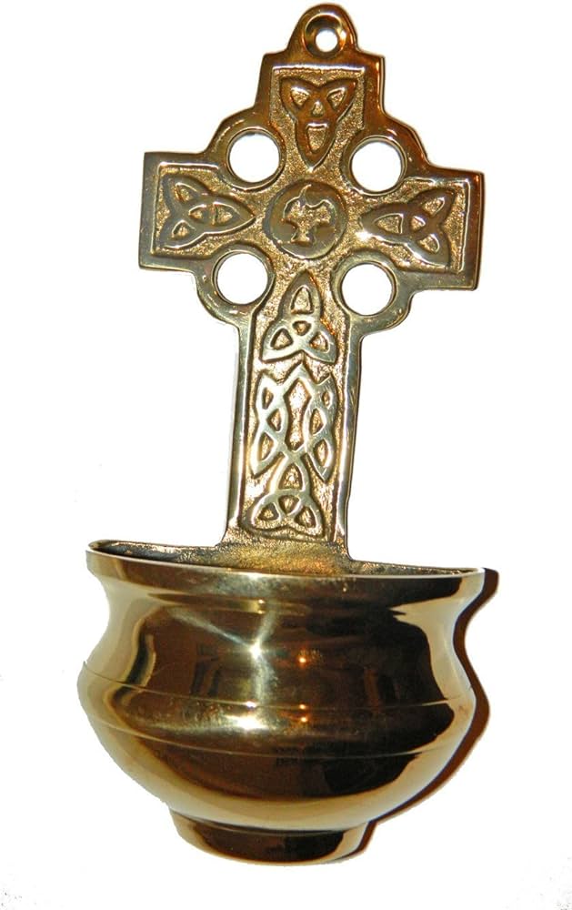 Brass Water font Celtic Cross small