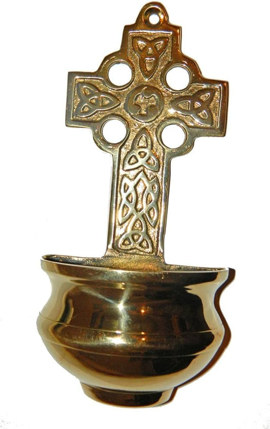 Brass Water font Celtic Cross small