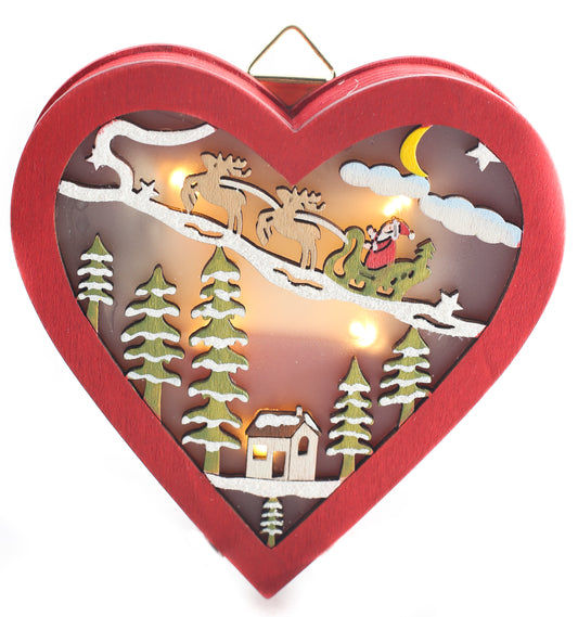 Small Red wooden heart w/Christmas scene w/light inside