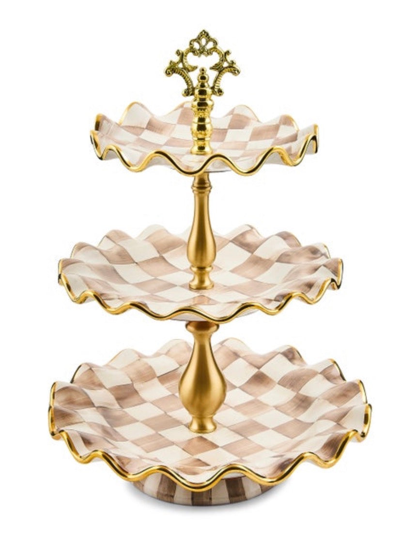 Mocha Check Ceramic Fluted 3 Tier Sweet stand