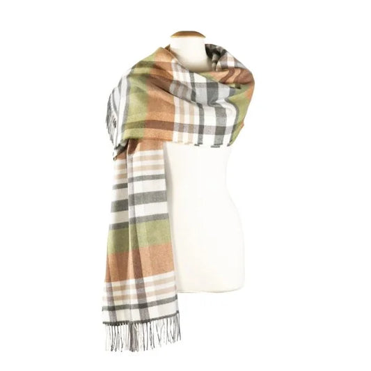 Oversized Merino Scarf White Orange Green Plaid