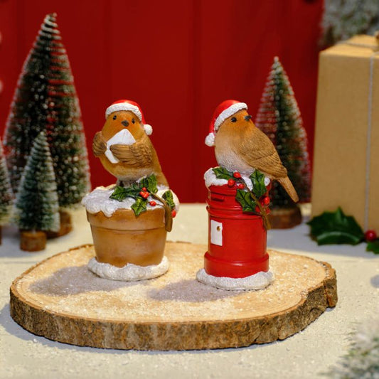 FESTIVE RESIN ROBIN ORNAMENT WITH PLANT POT AND POST BOX 2 ASSTD