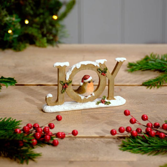 FESTIVE ROBIN RESIN JOY ORNAMENT