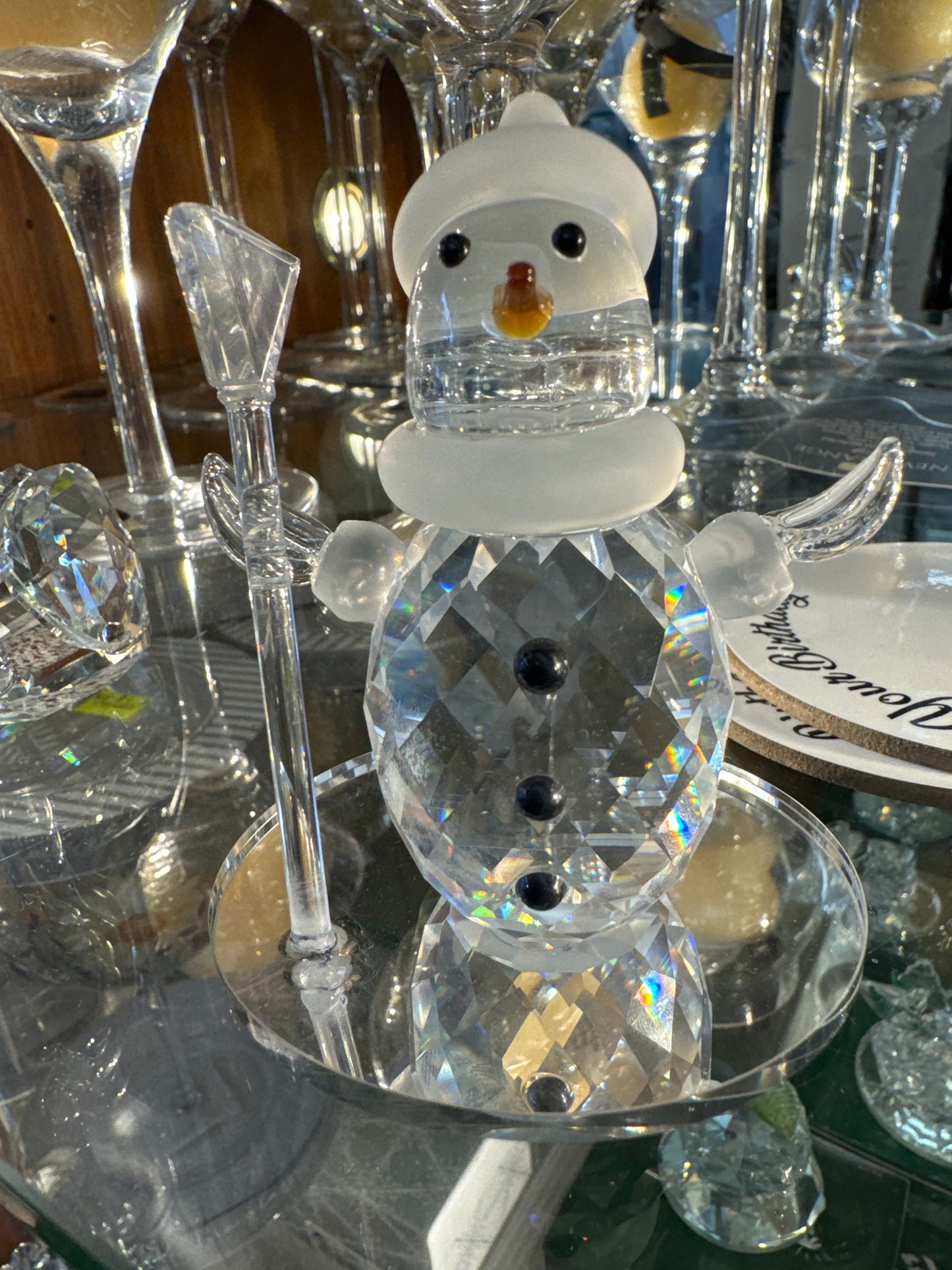 Snowman on Mirror Base Crystal Figurine