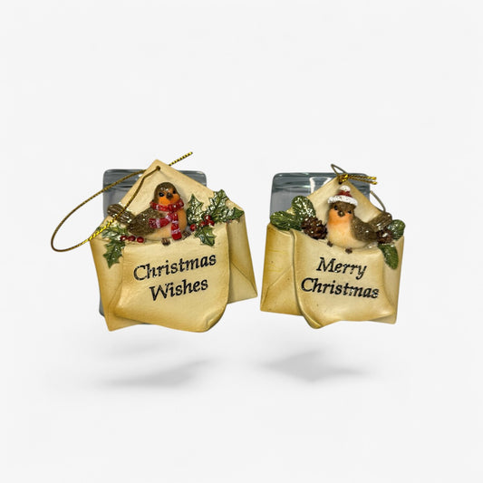 Robins in envelope tree trims 2ass 7x2x8cm