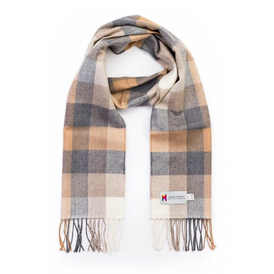 Merino Luxury Wool Scarf Camel Grey Stone White Block Check