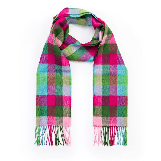 Merino Luxury Wool Scarf Pink Raspberry Blue Green Block Check
