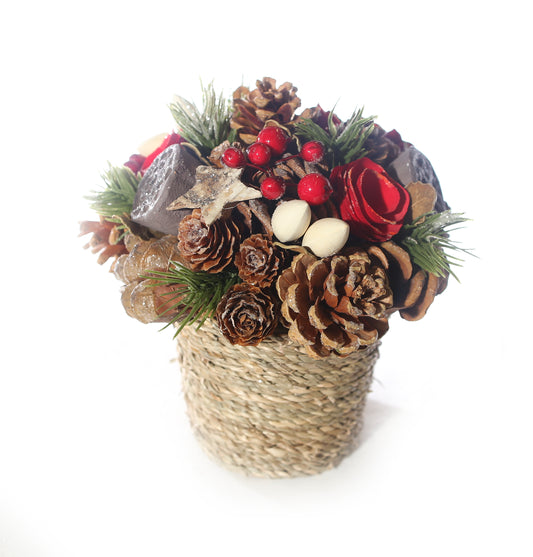 Flower pot with cones and pine