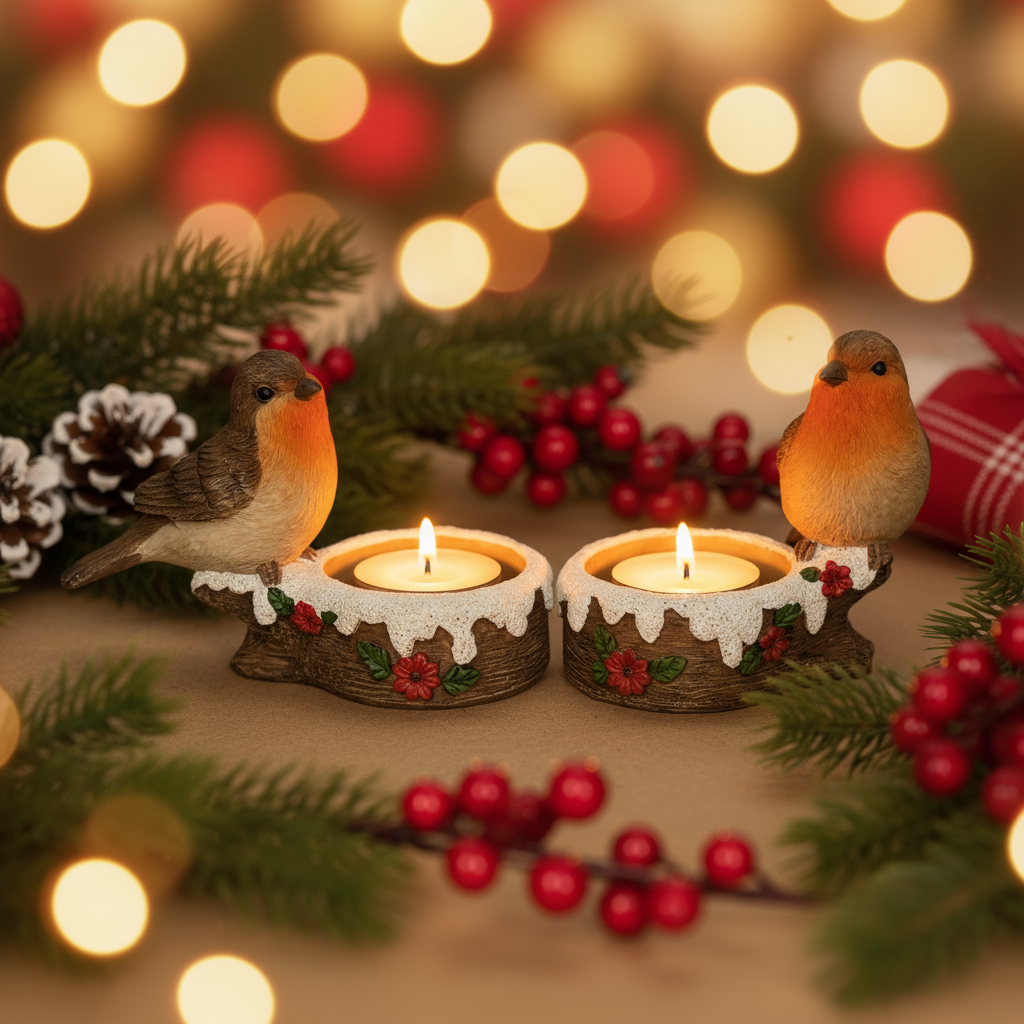 Christmas robins w/t light holder 2ass 12.5x6.5x8cm