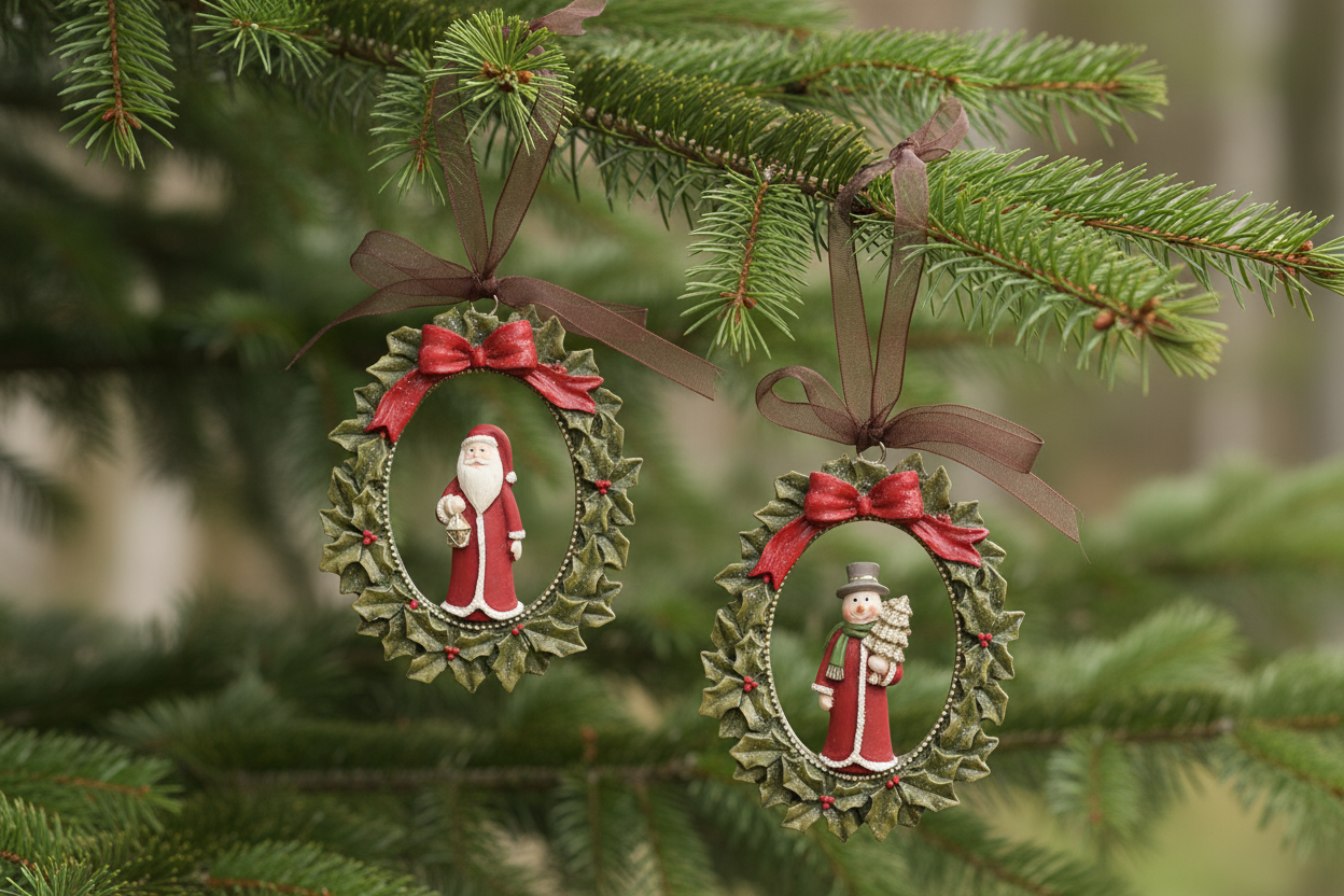 Christmas tree trim wreath design w/santa and snowman