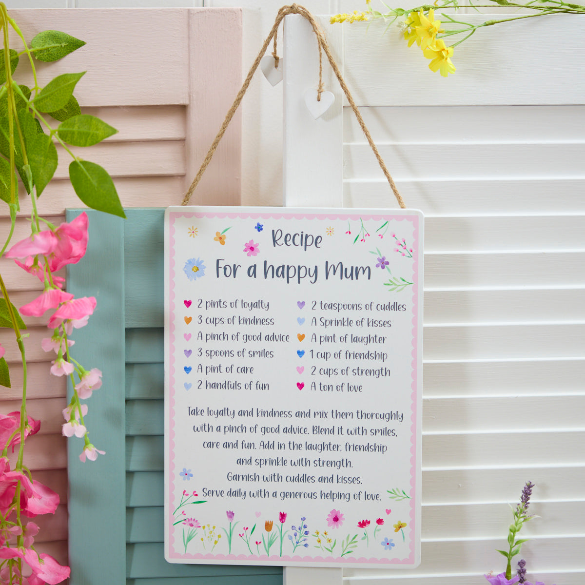 Recipe For A Happy Mum wooden Floral Plaque
