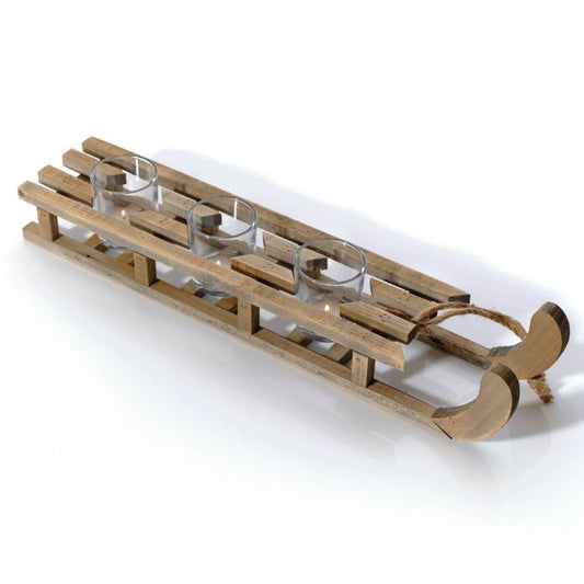 RECYCLED WOOD SLEIGH WITH THREE GLASS CANDLE HOLDERS