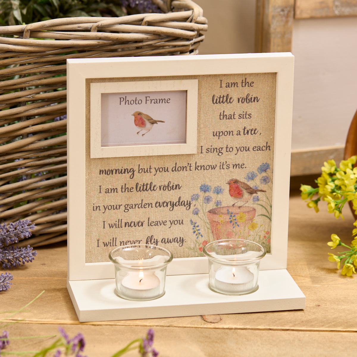 ROBIN FLORAL SENTIMENT PHOTO FRAME TEALIGHT HOLDER