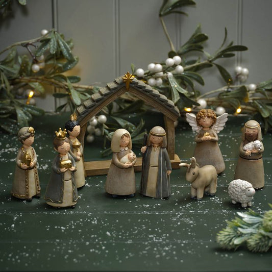 WITH LOVE AT CHRISTMAS 10 PIECE RESIN NATIVITY SET WITH STABLE