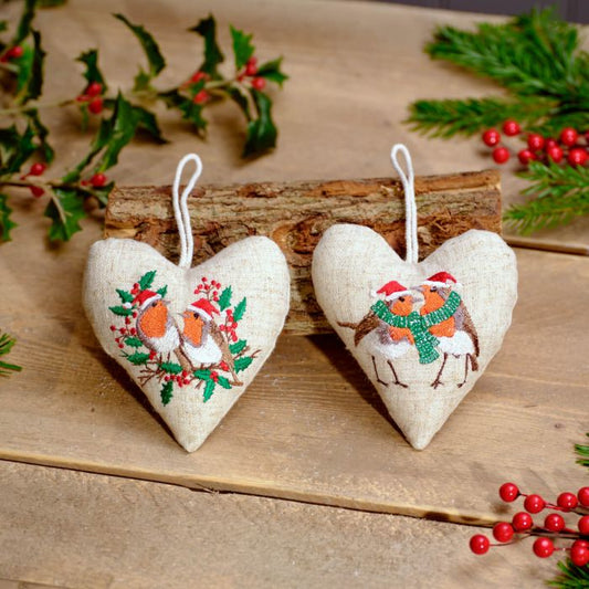 CHRISTMAS ROBIN EMBROIDERED HANGING COTTON AND LINEN HEART 2 ASSTD