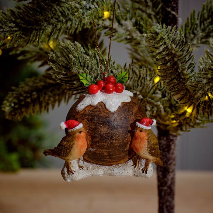 FESTIVE RESIN ROBINS WITH CHRISTMAS PUDDING HANGER