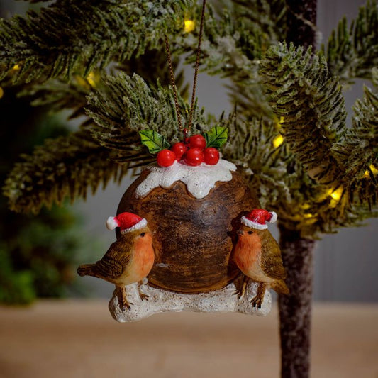 FESTIVE RESIN ROBINS WITH CHRISTMAS PUDDING HANGER