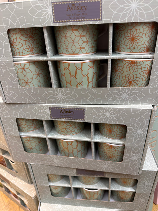 Aynsley Sage & Copper Deco Mugs Set of 6