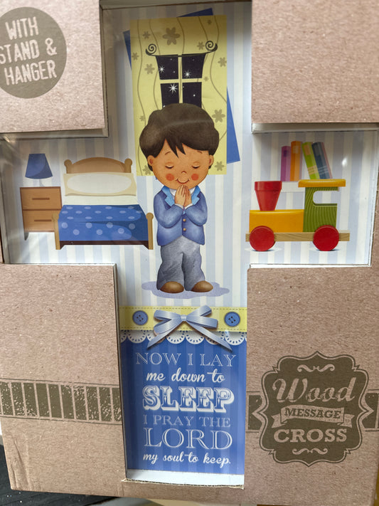 wood cross praying boy