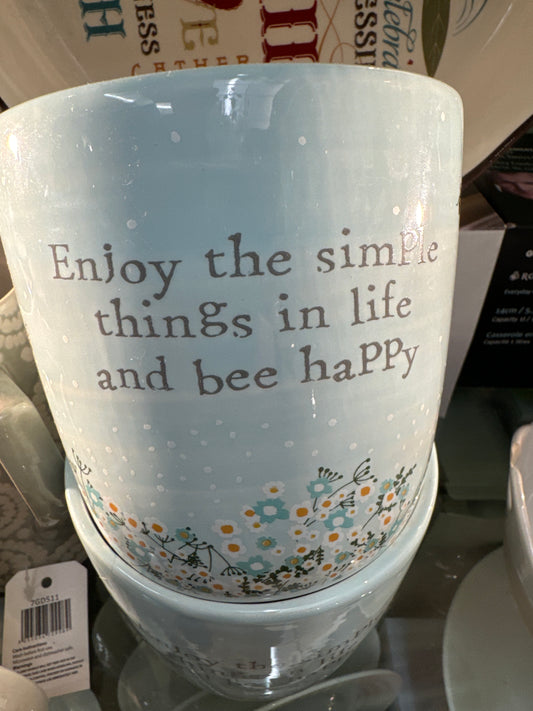 Ceramic Floral Bee Plant Pot Pale Blue with quote