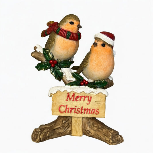 Two robins on Merry Christmas sign 9x8.5x12cm
