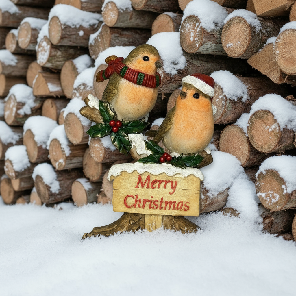 Two robins on Merry Christmas sign 9x8.5x12cm