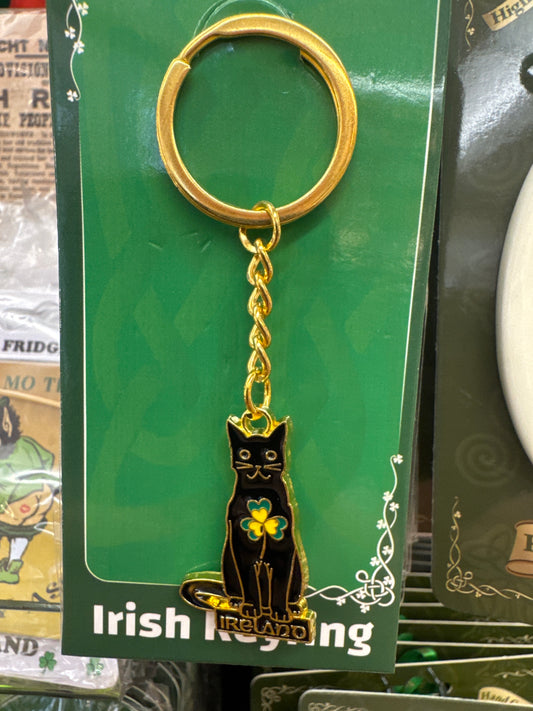 Metal Cat with Shamrock Key Ring