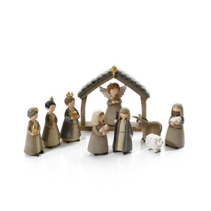 WITH LOVE AT CHRISTMAS 10 PIECE RESIN NATIVITY SET WITH STABLE