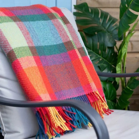 Merino Wool Cashmere Throw - 95/5 Bright Yellow, Pink and Green Check
