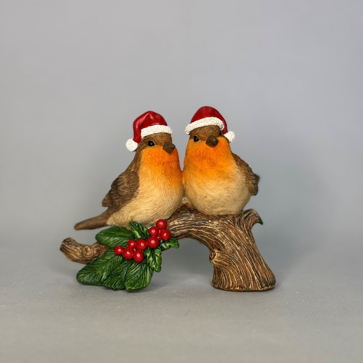 Two Christmas Robins on branch w/holly 13x7x10cm