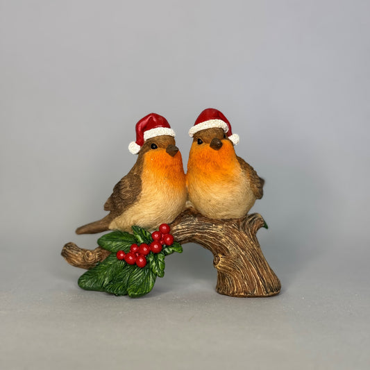 Two Christmas Robins on branch w/holly 13x7x10cm