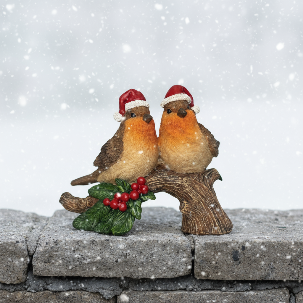 Two Christmas Robins on branch w/holly 13x7x10cm