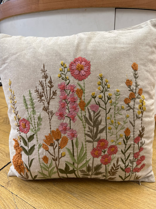 FLORAL NATURAL BASE EMBROIDERED 100% COTTON SQUARE CUSHION