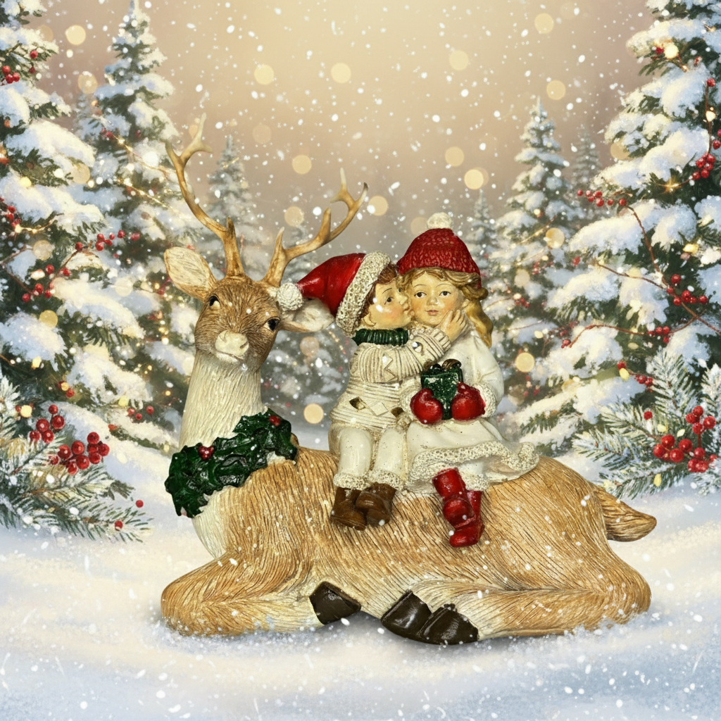 Christmas kids sitting on reindeer 24.5x7x14cm