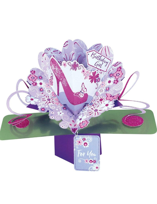 Birthday Girl Pink Shoe & Flowers Pop Up Birthday Card