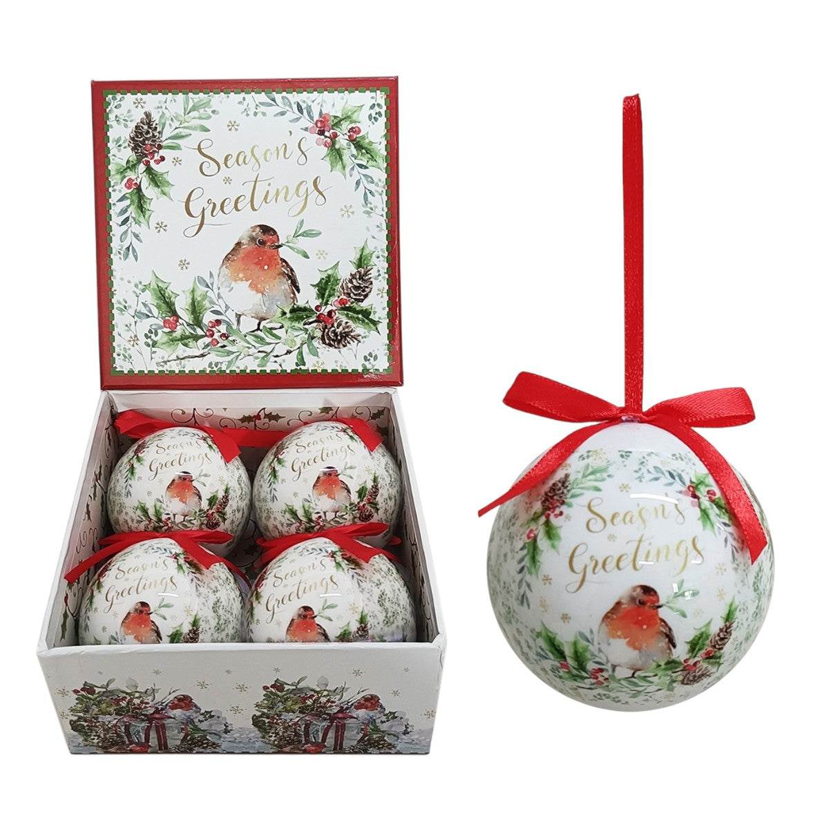 Set of 4pcs 75mm Baubles w/christmas robin scene in a square gift box