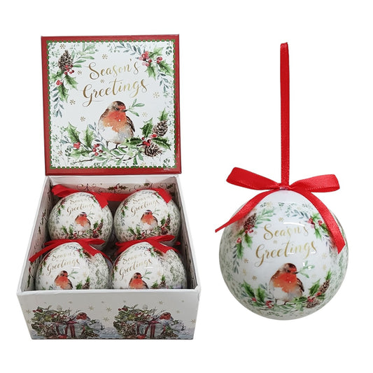 Set of 4pcs 75mm Baubles w/christmas robin scene in a square gift box