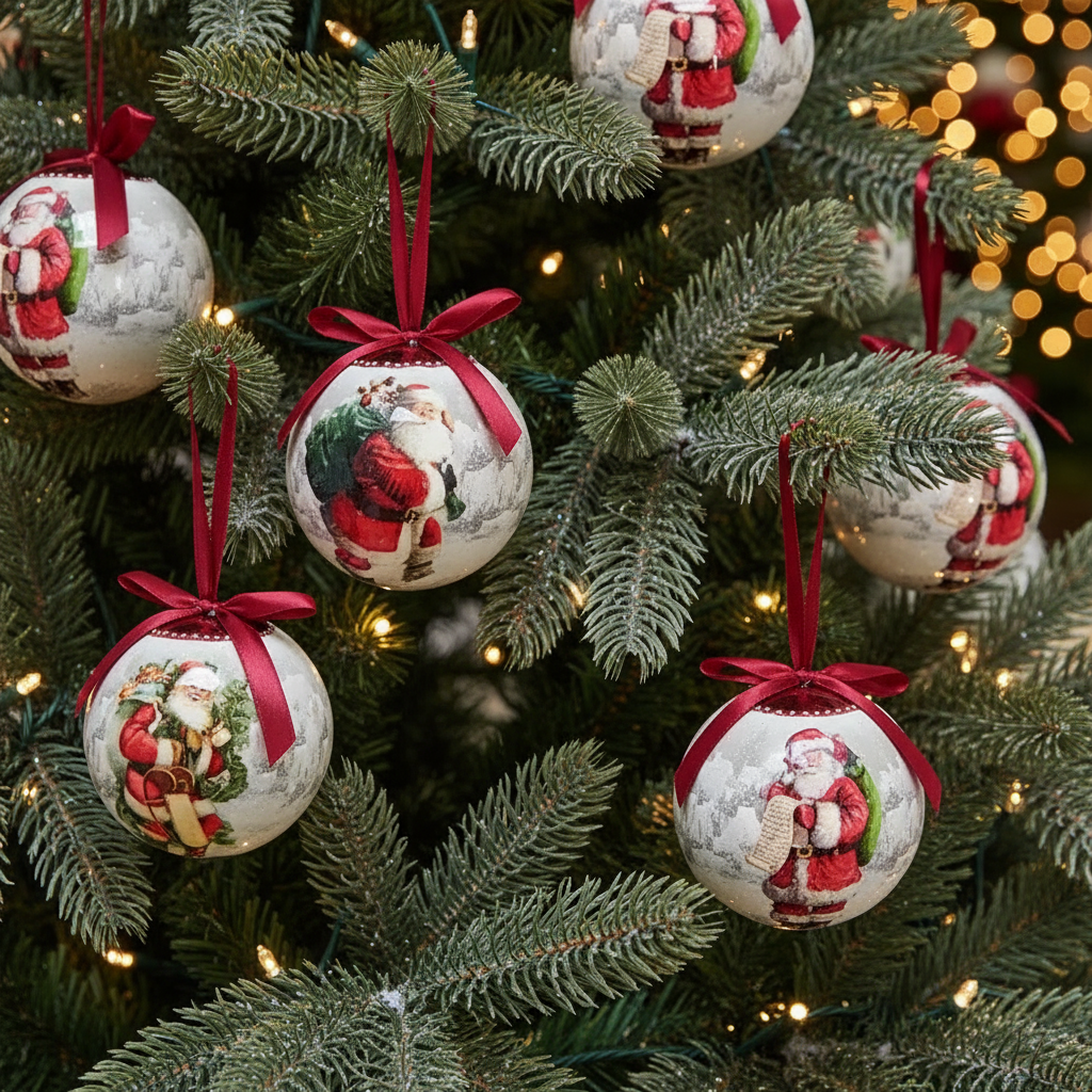 Set of 4pcs 75mm Baubles w/santa scene in a square gift Box