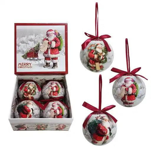 Set of 4pcs 75mm Baubles w/santa scene in a square gift Box