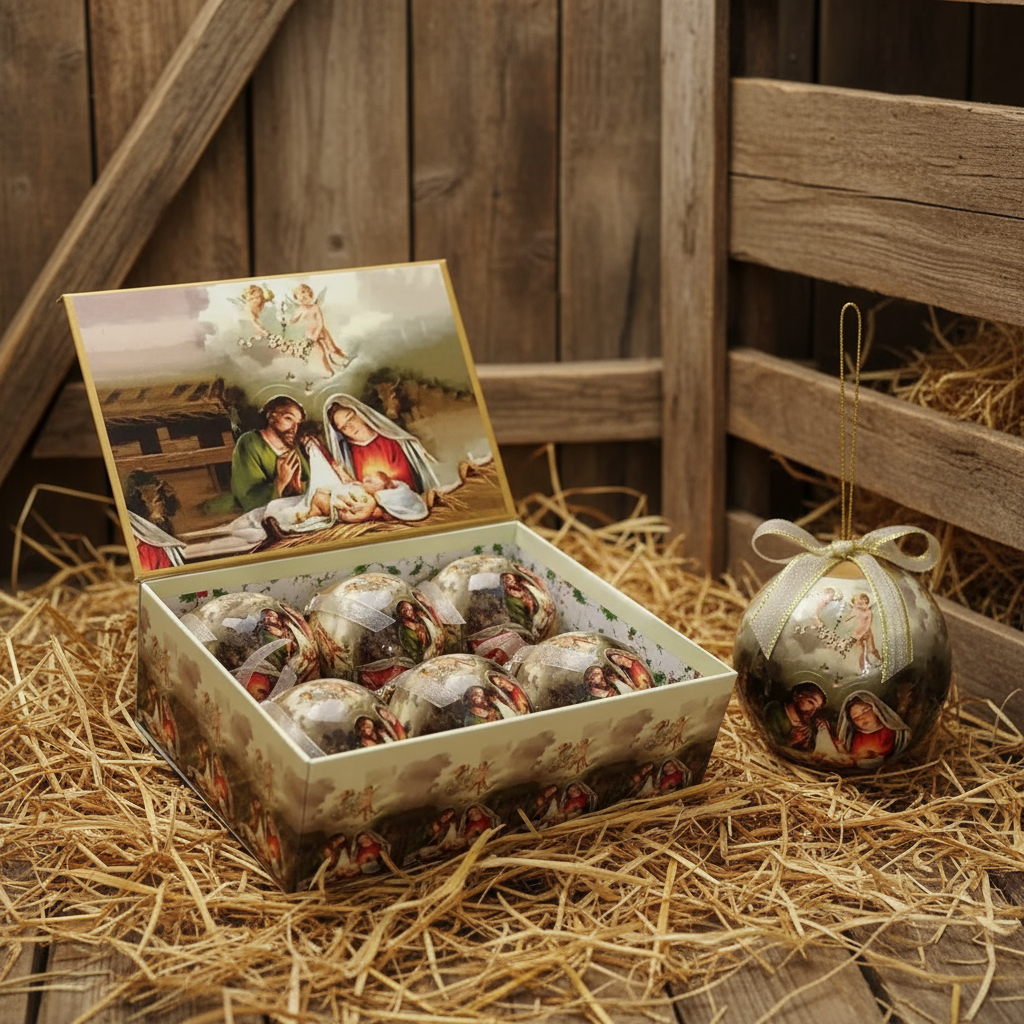 Set of 6pcs 75mm Baubles w/nativity scene in a rectangular gift box