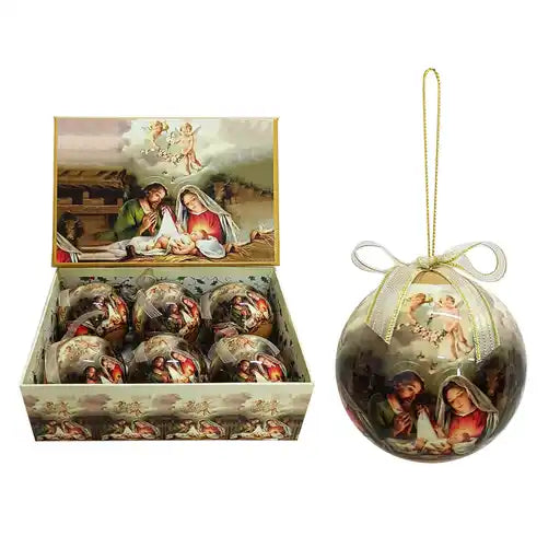 Set of 6pcs 75mm Baubles w/nativity scene in a rectangular gift box