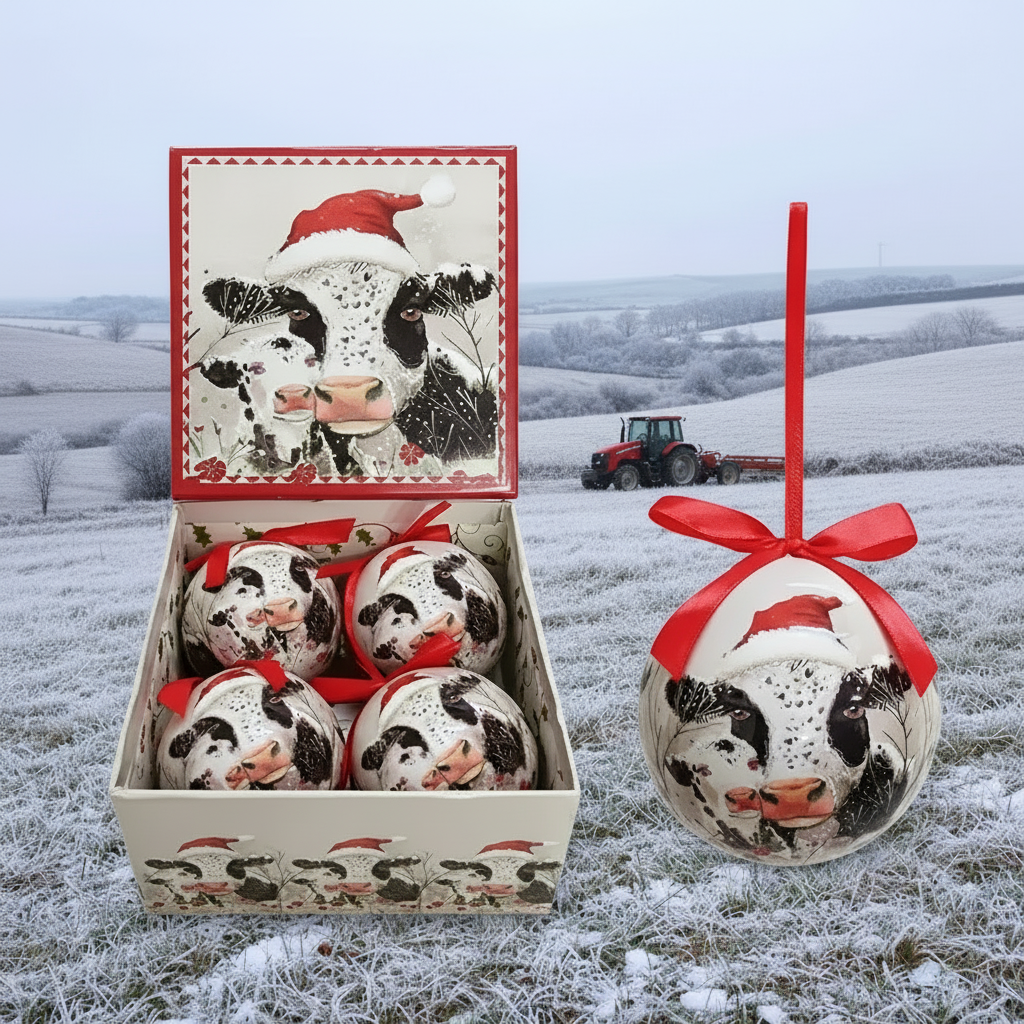 Set of 4pcs 75mm Baubles w/Christmas Cow and calf a square gift box