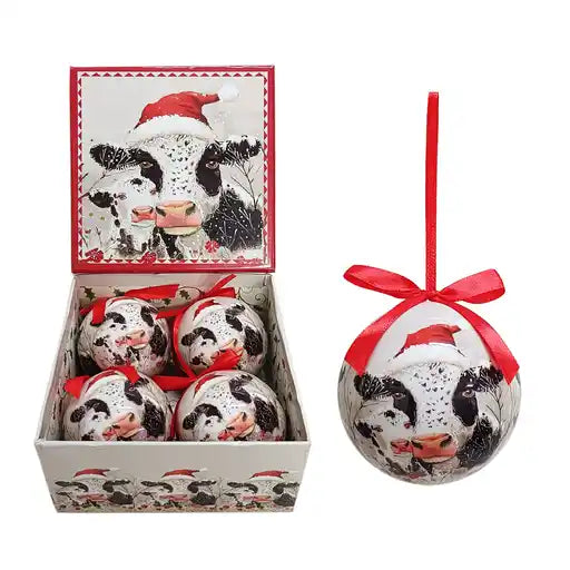 Set of 4pcs 75mm Baubles w/Christmas Cow and calf a square gift box