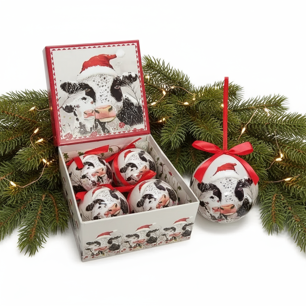 Set of 4pcs 75mm Baubles w/Christmas Cow and calf a square gift box